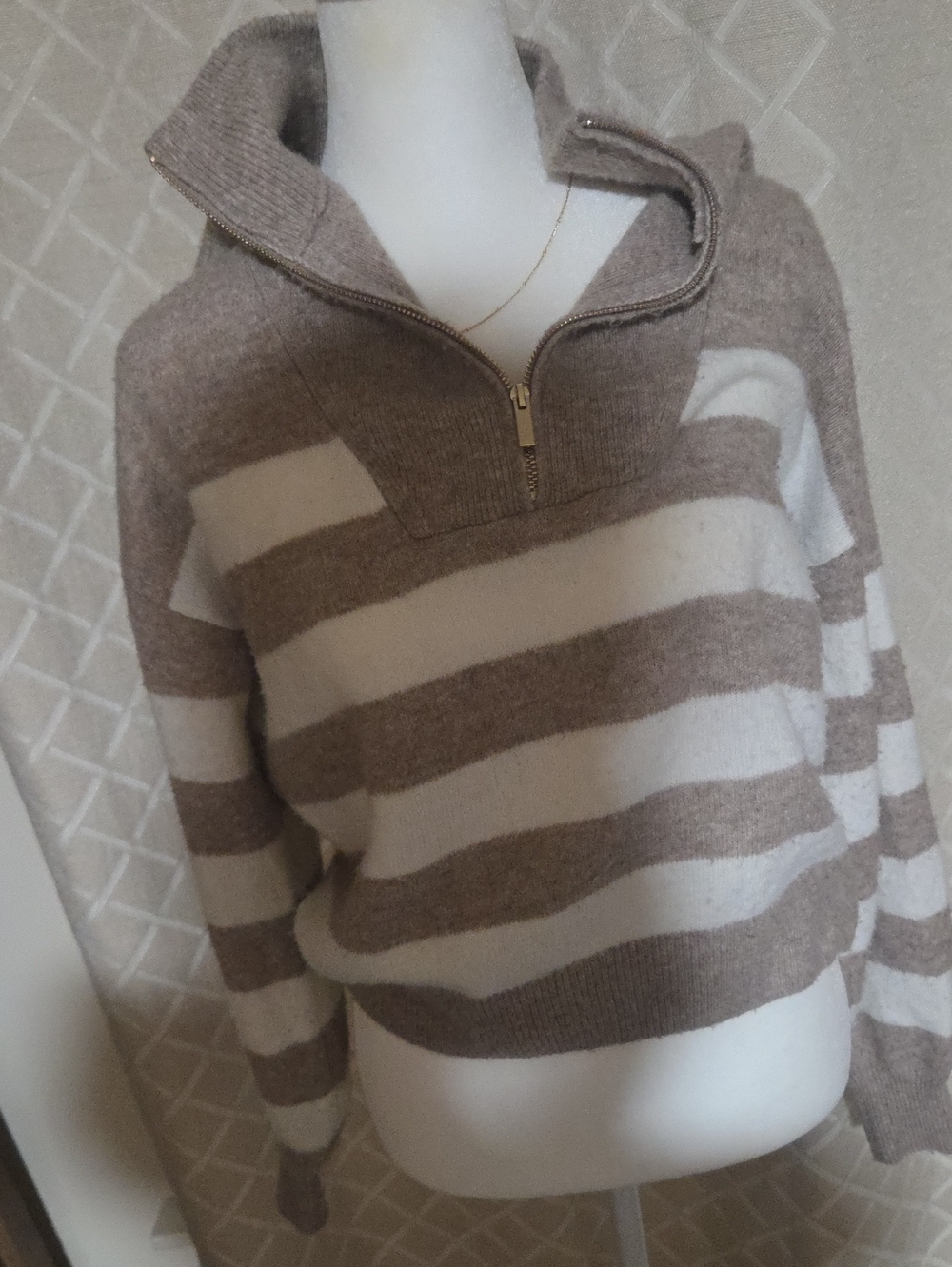 Draper James Cream and Taupe Striped Half-Zip Turtleneck Sweater